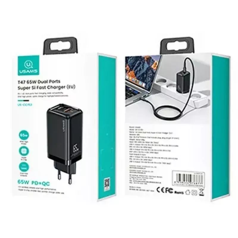 Lādētājs usams T47 USB / USB‑C 65W PD ātrā uzlāde — 65W USB Power Delivery, USB-A + USB-C porti