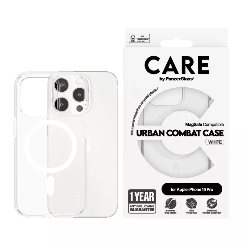 PanzerGlass CARE™ by ® Urban Combat Case caurspīdīgs ar baltu MagSafe iPhone 15 Pro