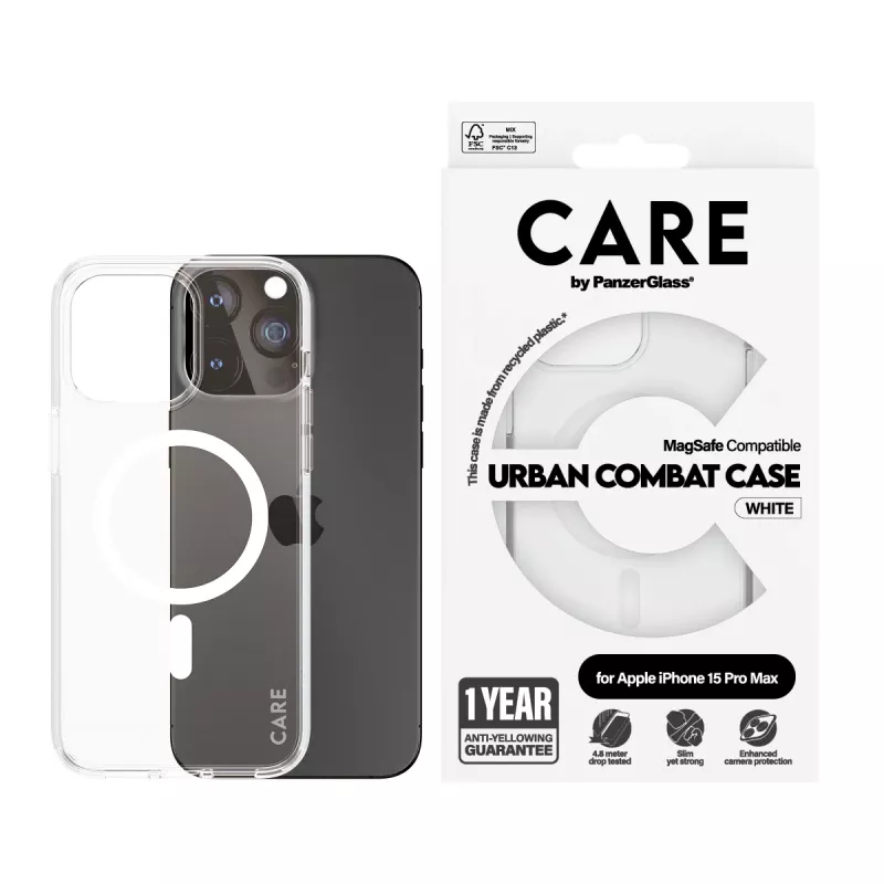 PanzerGlass CARE™ by ® Urban Combat Case Caurspīdīgs ar Baltu MagSafe iPhone 15 Pro Max