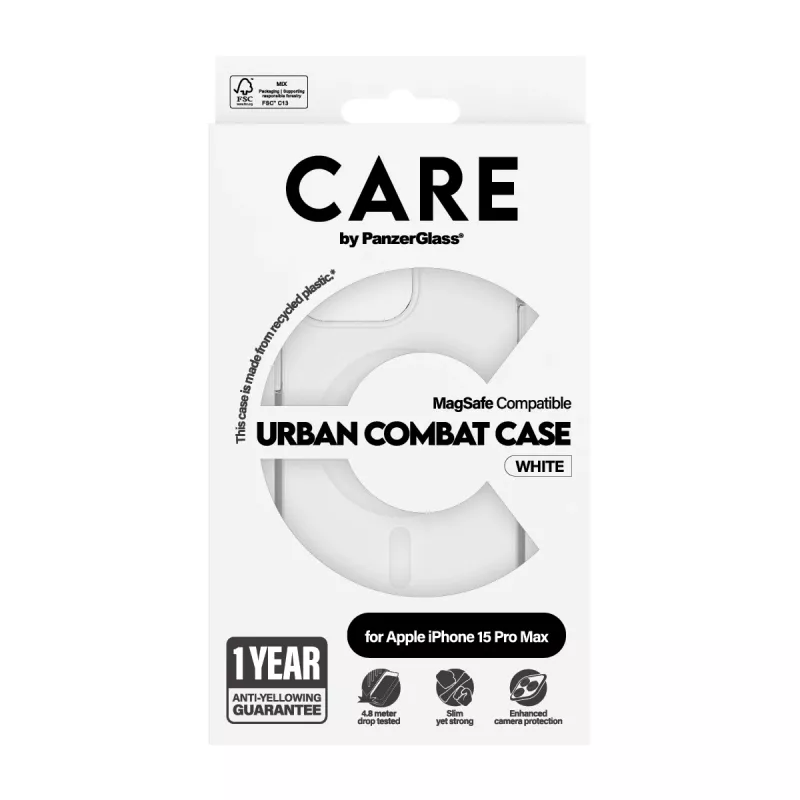 PanzerGlass CARE™ by ® Urban Combat Case Caurspīdīgs ar Baltu MagSafe iPhone 15 Pro Max