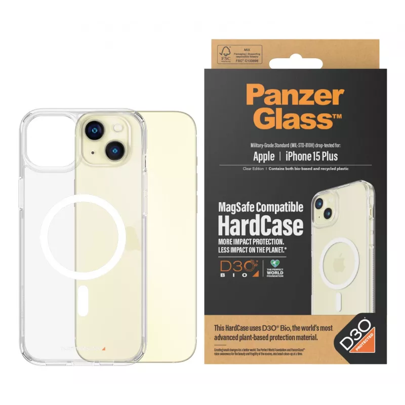 Aizsargājošs HardCase MagSafe telefona maciņš PanzerGlass iPhone 15 Plus — caurspīdīgs, pārstrādāta plastmasa, piemērots 6,69 collu ekrānam