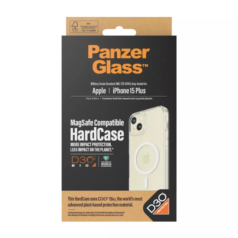 Aizsargājošs HardCase MagSafe telefona maciņš PanzerGlass iPhone 15 Plus — caurspīdīgs, pārstrādāta plastmasa, piemērots 6,69 collu ekrānam