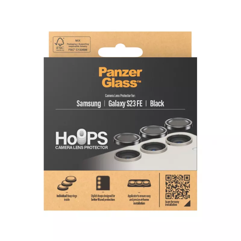 PanzerGlass Hoops kameras lēcu aizsargs Samsung Galaxy S23 FE melns izturīgs pret skrāpējumiem un triecieniem