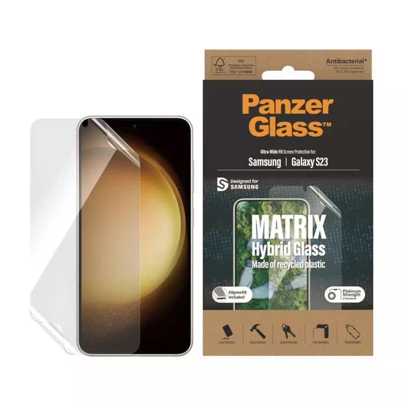 PanzerGlass ® ECO MATRIX ekrāna aizsargs Samsung Galaxy S23 | Īpaši plata piegulēšana ar izlīdzināšanas komplektu
