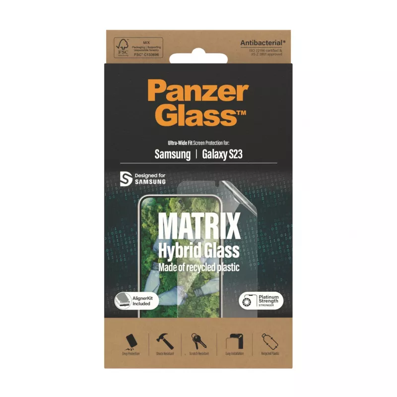 PanzerGlass ® ECO MATRIX ekrāna aizsargs Samsung Galaxy S23 | Īpaši plata piegulēšana ar izlīdzināšanas komplektu