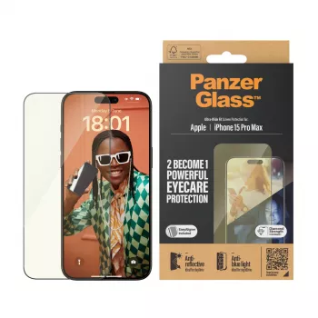 PanzerGlass ® EyeCARE™ Ekrāna aizsargs iPhone 15 Pro Max | Ultra-Wide Fit ar EasyAligner