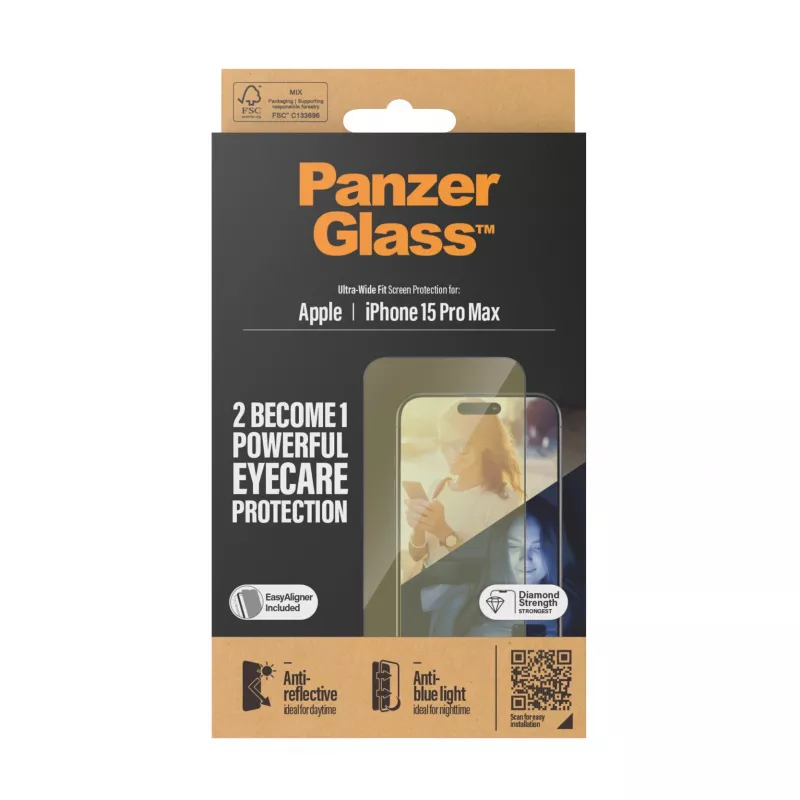 PanzerGlass ® EyeCARE™ Ekrāna aizsargs iPhone 15 Pro Max | Ultra-Wide Fit ar EasyAligner