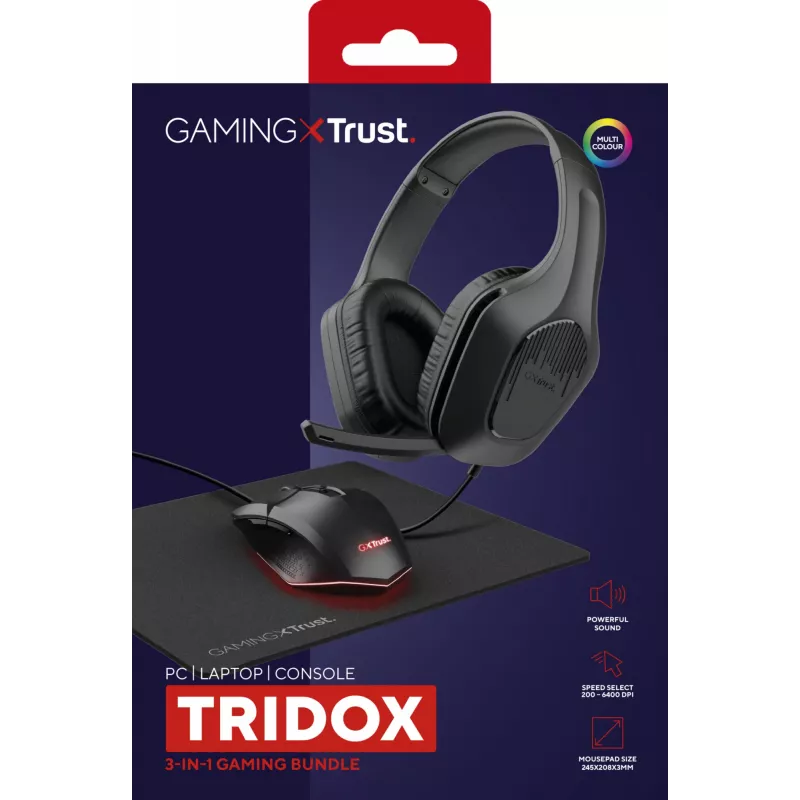 Trust GXT 790 Tridox 3-in-1 spēļu komplekts (austiņas, pele, peles paliktnis), melns