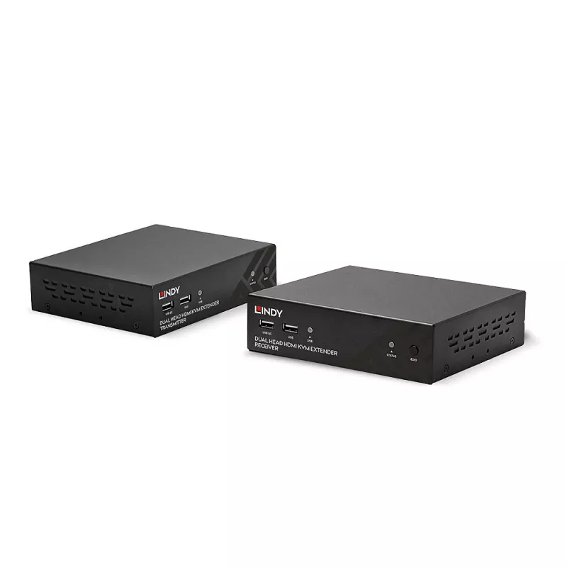 Lindy 100m Cat.6 Dual Head HDMI, USB un RS-232 pagarinātājs, Raidītājs un uztvērējs, Vadu, 100 m, Cat6, 1920 x 1080 pikseļi, Melns