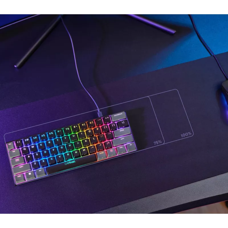 Trust GXT 867 Acira klaviatūra spēlēm USB QWERTZ vācu Melna Pelēka 60% mehāniski RGB