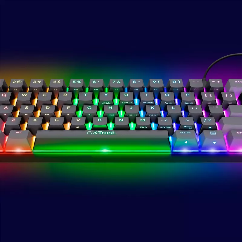 Trust GXT 867 Acira klaviatūra spēlēm USB QWERTZ vācu Melna Pelēka 60% mehāniski RGB