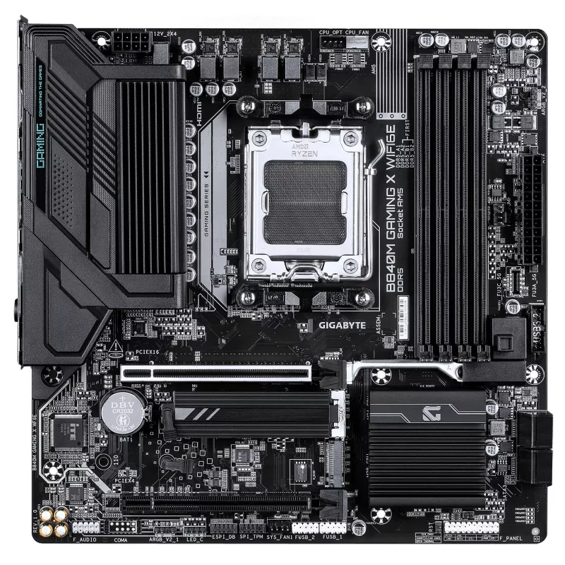 GIGABYTE B840M GAMING X WIFI6E mātesplate - AMD Ryzen 9000 CPU, 8+2+2 fāžu VRM, līdz 8200 MHz DDR5 (O.C), 2x PCIe 4.0 M.2, Wi-Fi 6E, 2.5 GbE LAN, USB 3.2 Gen 1