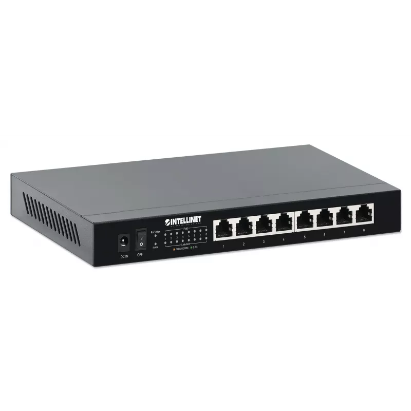 Intellinet 8-Port 2.5G Ethernet PoE+ Switch astoņi 10/100/1000/2500 Mb/s PSE PoE+ porti, 100 W PoE jaudas budžets, nepārvaldāms, darbvirsmas formāts, iespēja stiprināt pie sienas