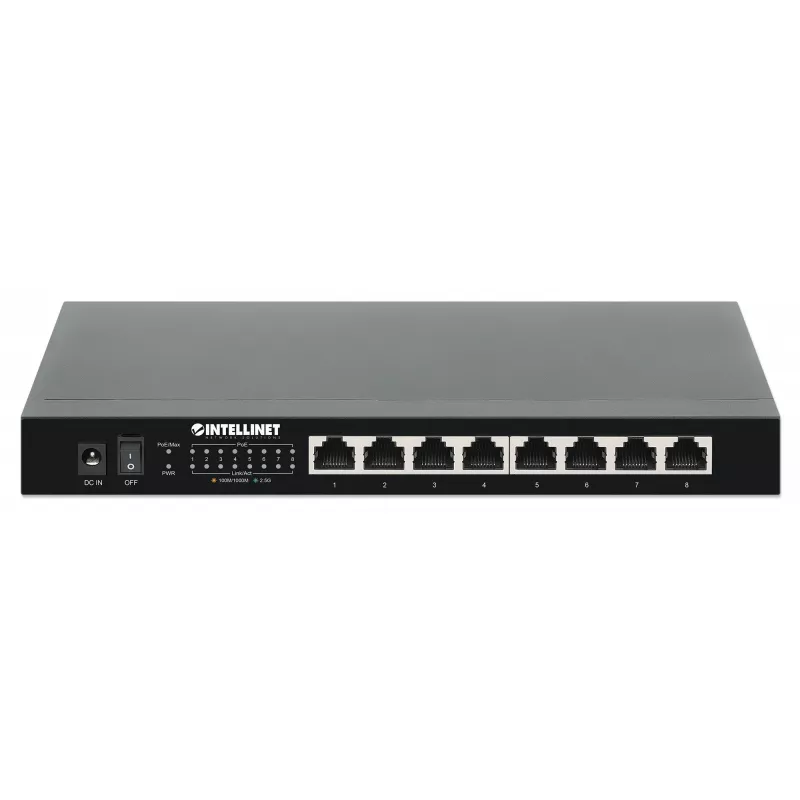 Intellinet 8-Port 2.5G Ethernet PoE+ Switch astoņi 10/100/1000/2500 Mb/s PSE PoE+ porti, 100 W PoE jaudas budžets, nepārvaldāms, darbvirsmas formāts, iespēja stiprināt pie sienas