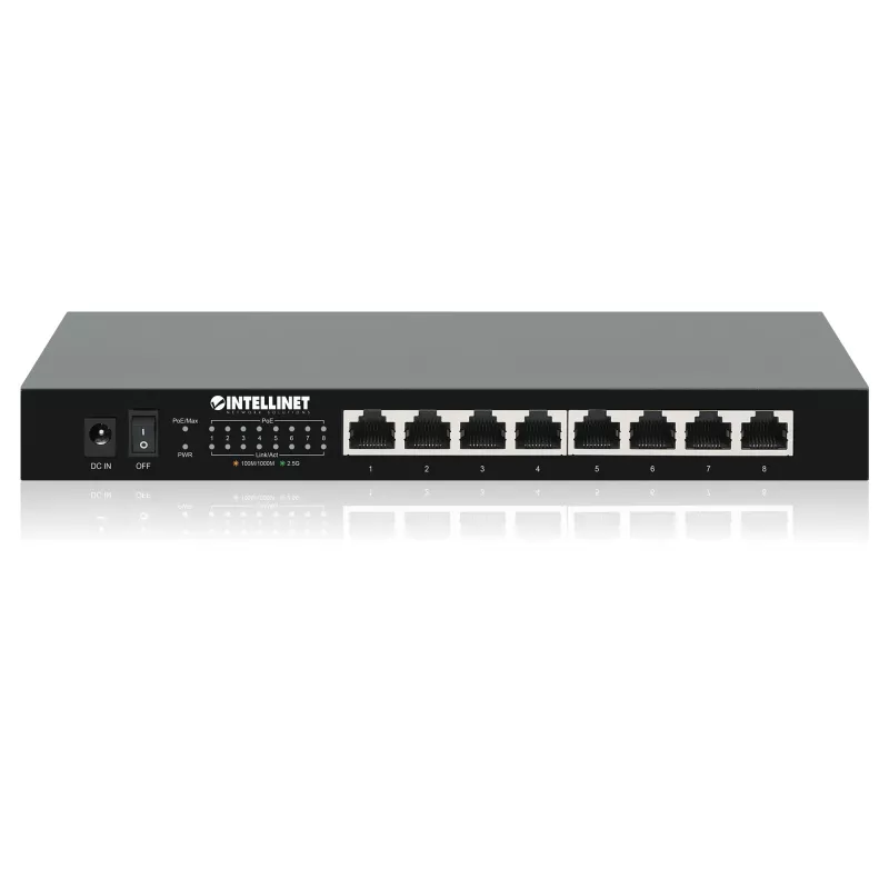 Intellinet 8-Port 2.5G Ethernet PoE+ Switch astoņi 10/100/1000/2500 Mb/s PSE PoE+ porti, 100 W PoE jaudas budžets, nepārvaldāms, darbvirsmas formāts, iespēja stiprināt pie sienas