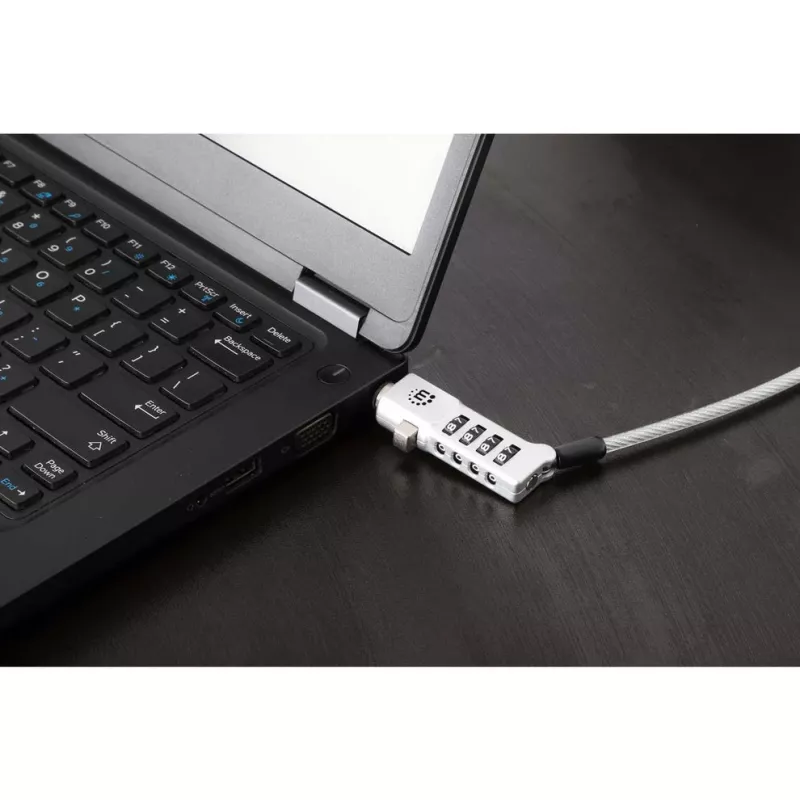 Manhattan Universal Laptop Combination Lock For Noble Wedge®, Nano and K-Slot, Secure 3-in-1 Anti-theft Notebook Lock, Resettable 4-digit Combo, 1.8m, Cut-Resistant Carbon Steel kabelis, Translucent PVC Jacket, Silver