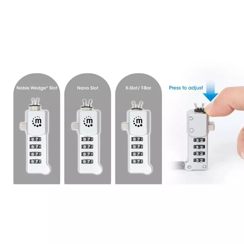Manhattan Universal Laptop Combination Lock For Noble Wedge®, Nano and K-Slot, Secure 3-in-1 Anti-theft Notebook Lock, Resettable 4-digit Combo, 1.8m, Cut-Resistant Carbon Steel kabelis, Translucent PVC Jacket, Silver