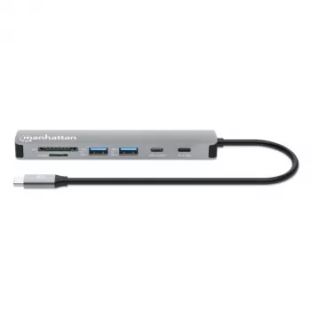Manhattan USB-C dokstacija/hubs ar karšu lasītāju, pieslēgvietas (x5): HDMI, USB-A (x2) un USB-C (x2), ar strāvas piegādi (PD) 100 W – nepieciešams ārējs USB-C lādētājs (nav komplektā). Darbojas ar USB strāvu (ārējs strāvas adapteris nav nepieciešams), kad PD netiek izmantots.