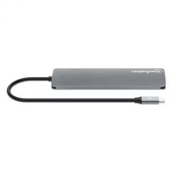 Manhattan USB-C dokstacija/hubs ar karšu lasītāju, pieslēgvietas (x5): HDMI, USB-A (x2) un USB-C (x2), ar strāvas piegādi (PD) 100 W – nepieciešams ārējs USB-C lādētājs (nav komplektā). Darbojas ar USB strāvu (ārējs strāvas adapteris nav nepieciešams), kad PD netiek izmantots.
