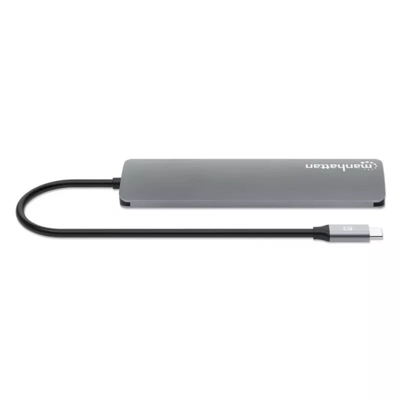 Manhattan USB-C dokstacija/hubs ar karšu lasītāju, pieslēgvietas (x5): HDMI, USB-A (x2) un USB-C (x2), ar strāvas piegādi (PD) 100 W – nepieciešams ārējs USB-C lādētājs (nav komplektā). Darbojas ar USB strāvu (ārējs strāvas adapteris nav nepieciešams), kad PD netiek izmantots.