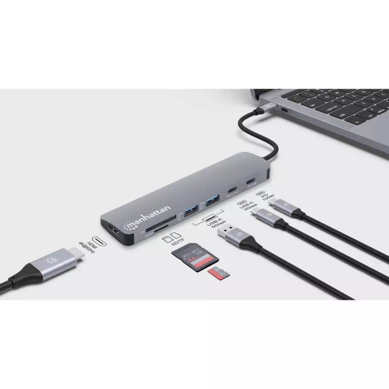 Manhattan USB-C dokstacija/hubs ar karšu lasītāju, pieslēgvietas (x5): HDMI, USB-A (x2) un USB-C (x2), ar strāvas piegādi (PD) 100 W – nepieciešams ārējs USB-C lādētājs (nav komplektā). Darbojas ar USB strāvu (ārējs strāvas adapteris nav nepieciešams), kad PD netiek izmantots.