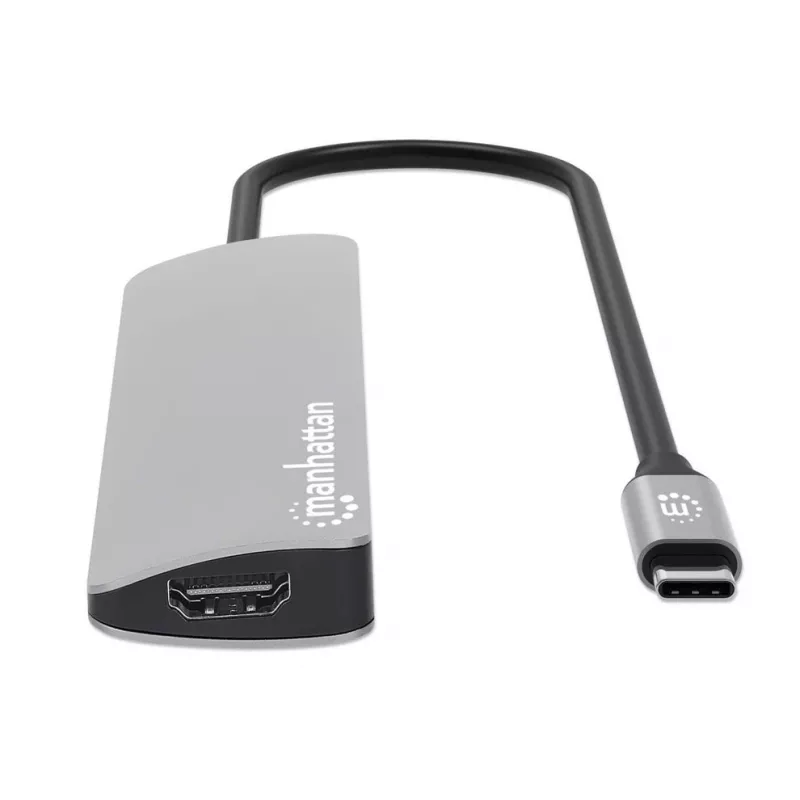 Manhattan USB-C dokstacija/hubs ar karšu lasītāju, pieslēgvietas (x5): HDMI, USB-A (x2) un USB-C (x2), ar strāvas piegādi (PD) 100 W – nepieciešams ārējs USB-C lādētājs (nav komplektā). Darbojas ar USB strāvu (ārējs strāvas adapteris nav nepieciešams), kad PD netiek izmantots.