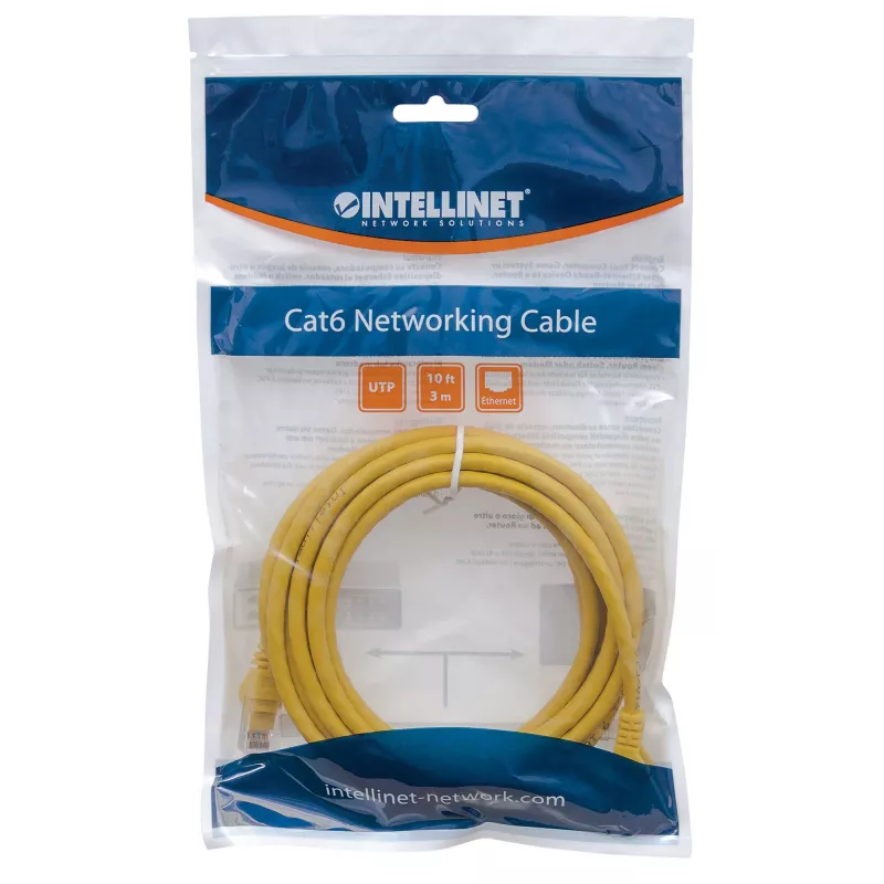 Intellinet tīkla savienojuma kabelis, Cat6, 2 m, dzeltens, CCA, U/UTP, PVC, RJ45, zelta pārklājuma kontakti, bez aizķeršanās, ar aizsarguzgali, mūža garantija