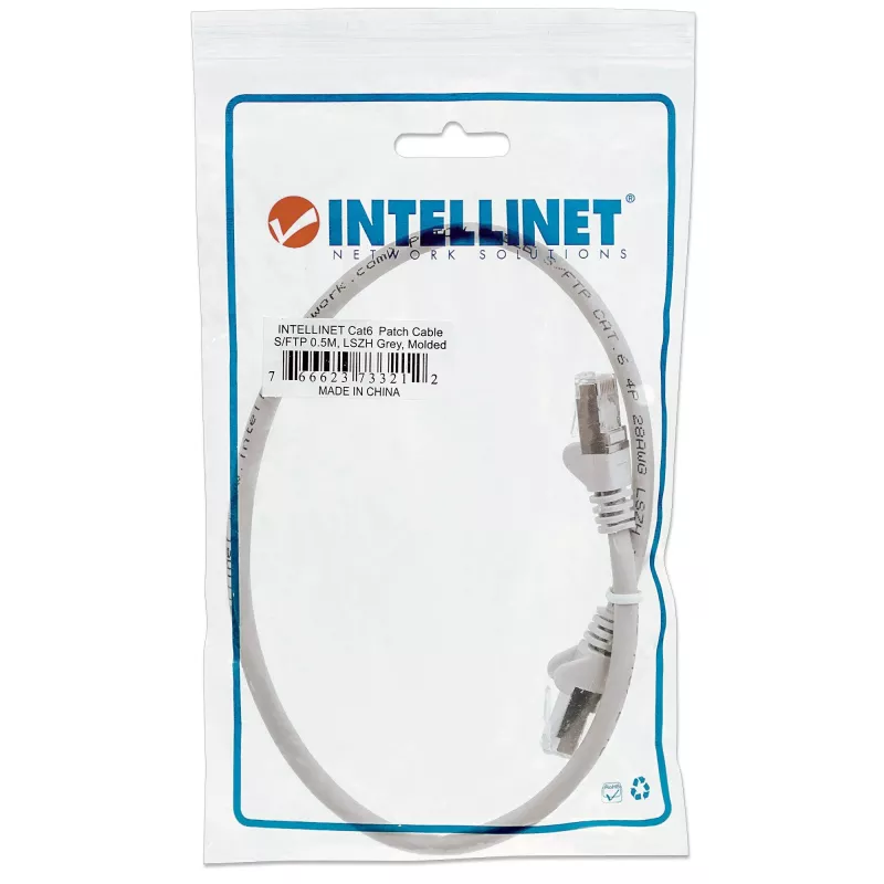 Intellinet Network komutācijas kabelis, Cat6, 0,5 m, pelēks, varš, S/FTP, LSOH / LSZH, PVC, RJ45, zeltīti kontakti, bez aizķeršanās, ar apvalku, mūža garantija