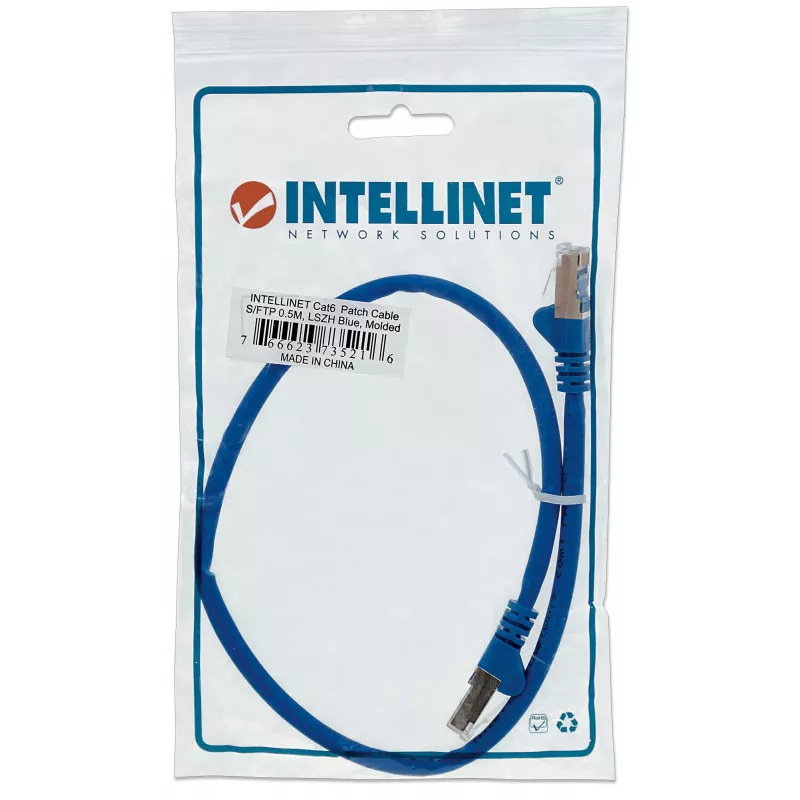 Intellinet tīkla komutācijas kabelis, Cat6, 0,5 m, zils, varš, S/FTP, LSOH / LSZH, PVC, RJ45, apzeltīti kontakti, bez aizķeršanās, ar aizsarguzmavu, mūža garantija