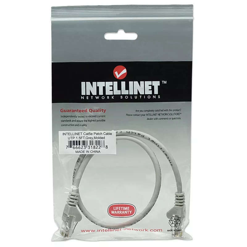 Intellinet tīkla komutācijas kabelis, Cat5e, 0,5 m, pelēks, CCA, U/UTP, PVC, RJ45, zeltīti kontakti, bez aizķeršanās, ar uzmavu, mūža garantija