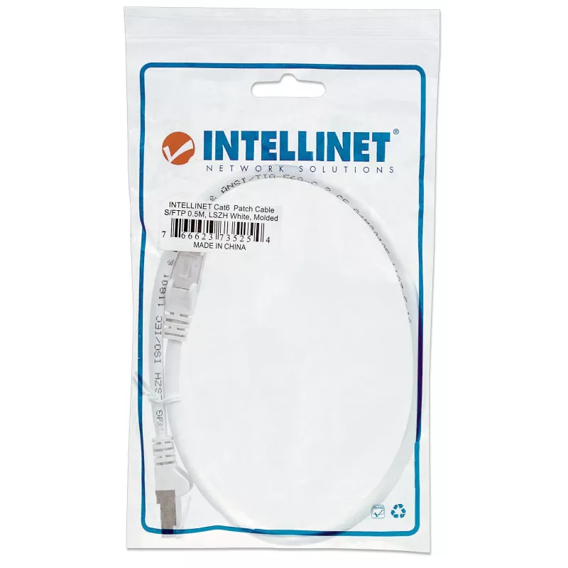 Intellinet tīkla savienojuma kabelis, Cat6, 0,5 m, balts, varš, S/FTP, LSOH / LSZH, PVC, RJ45, apzeltīti kontakti, bez aizķeršanās, ar aizsarguzmavu, mūža garantija
