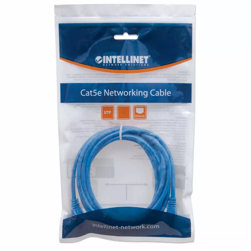 Intellinet tīkla komutācijas kabelis, Cat6, 0,5 m, zils, CCA, U/UTP, PVC, RJ45, zeltīti kontakti, neaizķerams, ar aizsargapvalku, mūža garantija