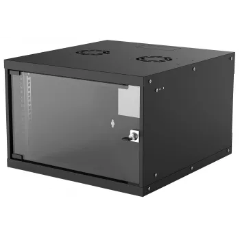 Intellinet 19 collu tīkla skapis – stiprināms pie sienas (Basic), 6U, 560 mm dziļš, melns, plakanā iepakojumā, maks. 50 kg, izmantojamais dziļums 500 mm, stikla durvis, statīvs, detaļas sienas montāžai (piem., skrūves un dībeļi) nav iekļautas