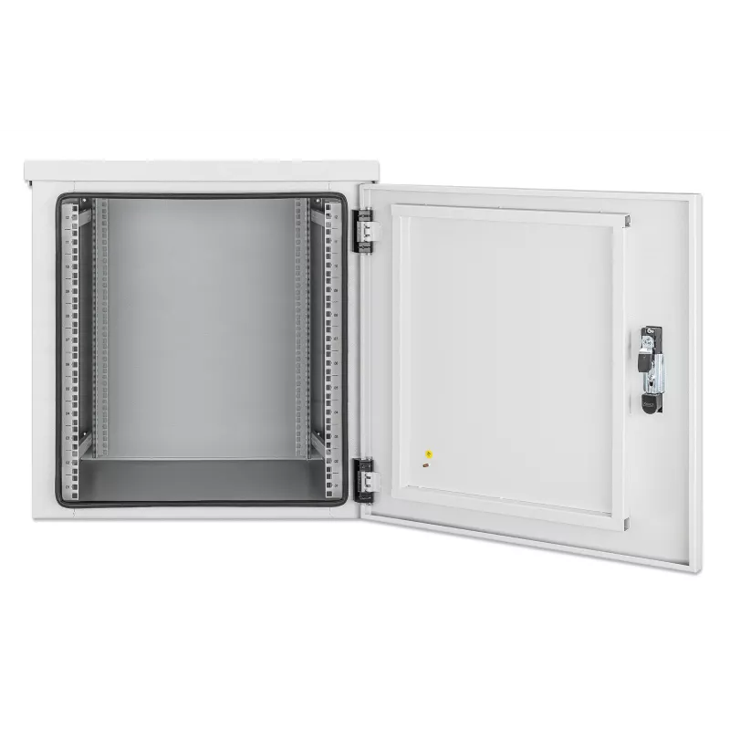 Intellinet Industrial IP55 19 collu sienas skapis ar integrētiem ventilatoriem, 12U 600 mm dziļums, uz jumta uzstādīts divu ventilatoru ventilācijas bloks, no putekļiem un ūdens aizsargāts korpuss, samontēts, gaiši pelēks RAL7035