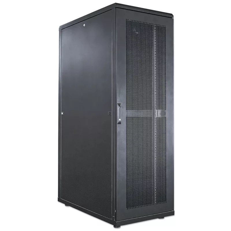 Intellinet 19 collu servera skapis – brīvi stāvošs, 42U, 800x1000mm (platums x dziļums), melns, samontēts, maks. 1500 kg, daudzpunktu durvju slēdzene, viena slēdzene katram sānu panelim, izmantojamais dziļums 123 līdz 773 mm, IP20 klase, statīvs, tērauds