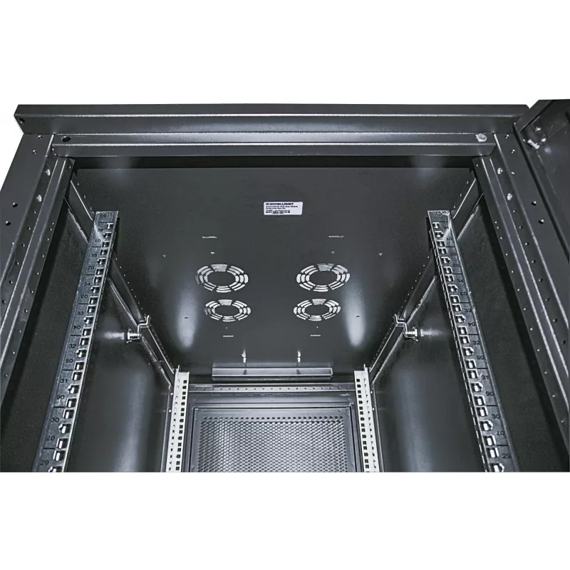 Intellinet 19 collu servera skapis – brīvi stāvošs, 42U, 800x1000mm (platums x dziļums), melns, samontēts, maks. 1500 kg, daudzpunktu durvju slēdzene, viena slēdzene katram sānu panelim, izmantojamais dziļums 123 līdz 773 mm, IP20 klase, statīvs, tērauds