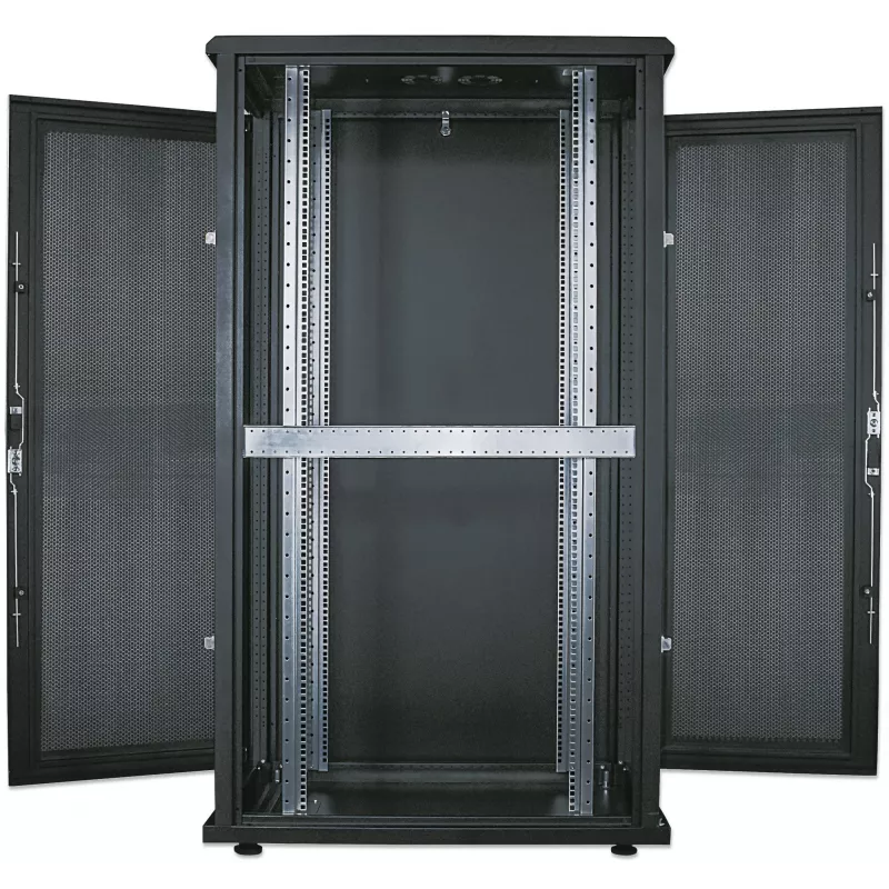 Intellinet 19 collu servera skapis – brīvi stāvošs, 42U, 800x1000mm (platums x dziļums), melns, samontēts, maks. 1500 kg, daudzpunktu durvju slēdzene, viena slēdzene katram sānu panelim, izmantojamais dziļums 123 līdz 773 mm, IP20 klase, statīvs, tērauds