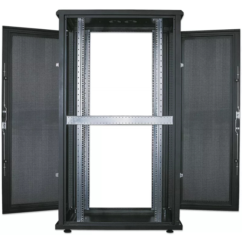 Intellinet 19 collu servera skapis – brīvi stāvošs, 42U, 800x1000mm (platums x dziļums), melns, samontēts, maks. 1500 kg, daudzpunktu durvju slēdzene, viena slēdzene katram sānu panelim, izmantojamais dziļums 123 līdz 773 mm, IP20 klase, statīvs, tērauds