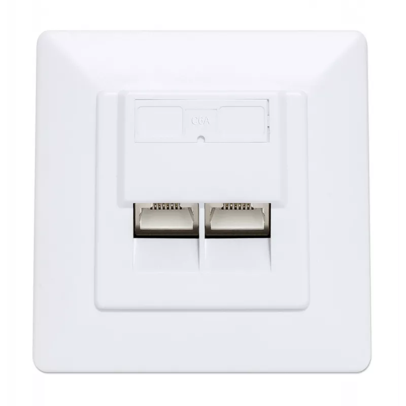 Intellinet 2-Port Cat6a 10G Shielded RJ45 Wall Plate Flush Mount with Faceplate, STP, Signal Balts RAL9003