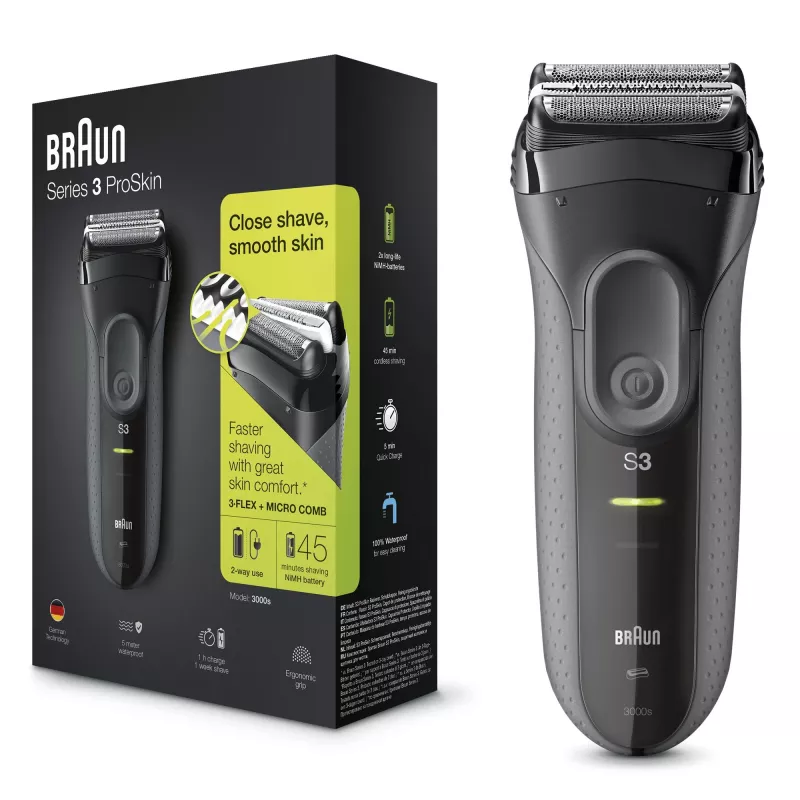 Braun Series 3 Series 3000 skuveklis, folijas skuveklis, melns, 2 SensoFoil, LED, jauda, maiņstrāva/baterija