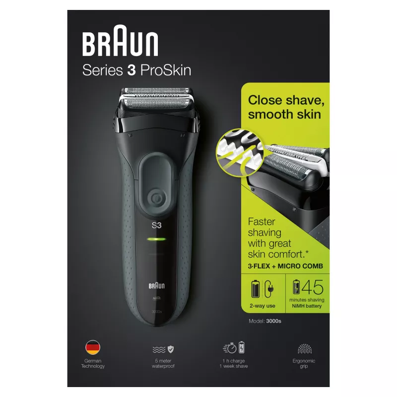 Braun Series 3 Series 3000 skuveklis, folijas skuveklis, melns, 2 SensoFoil, LED, jauda, maiņstrāva/baterija