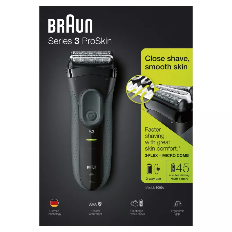 Braun Series 3 Series 3000 skuveklis, folijas skuveklis, melns, 2 SensoFoil, LED, jauda, maiņstrāva/baterija