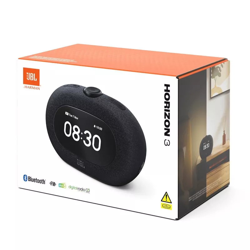 Pulksteņa radio JBL HORIZON 3 — DAB/DAB+/FM, 5 W RMS, 65–20 000 Hz, LCD displejs, rotējoša skaļuma regulēšana, melna