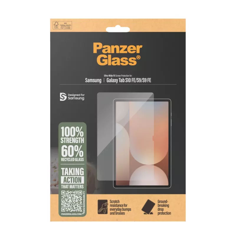 Ekrāna aizsargstikls PanzerGlass Samsung Galaxy Tab S9 / S9 FE / S10 FE — rūdīts stikls, PET, silikons, caurspīdīgs, Ultra‑Wide Fit
