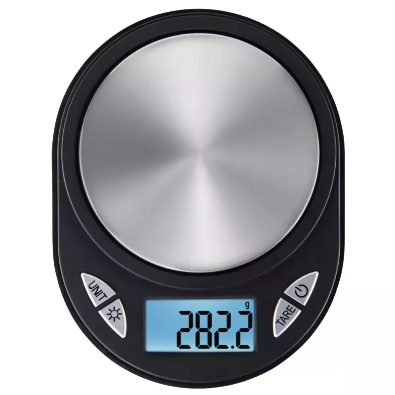 Elektroniskie virtuves svari Xavax Jewel Melns Oval — max 0.5 kg, precizitāte 0.1 g, CR2032 baterija, 130×100×15 mm