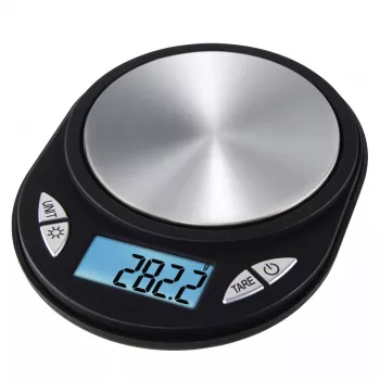 Elektroniskie virtuves svari Xavax Jewel Melns Oval — max 0.5 kg, precizitāte 0.1 g, CR2032 baterija, 130×100×15 mm