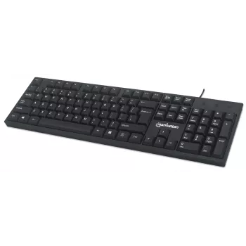Manhattan tastatūra USB vadu, melna, pilna izmēra taustiņi, 1,5 m kabelis, USB-A savienojums, Plug and Play, trīs gadu garantija