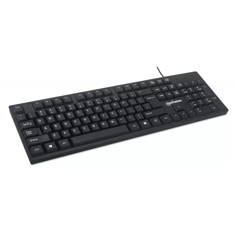 Manhattan tastatūra USB vadu, melna, pilna izmēra taustiņi, 1,5 m kabelis, USB-A savienojums, Plug and Play, trīs gadu garantija