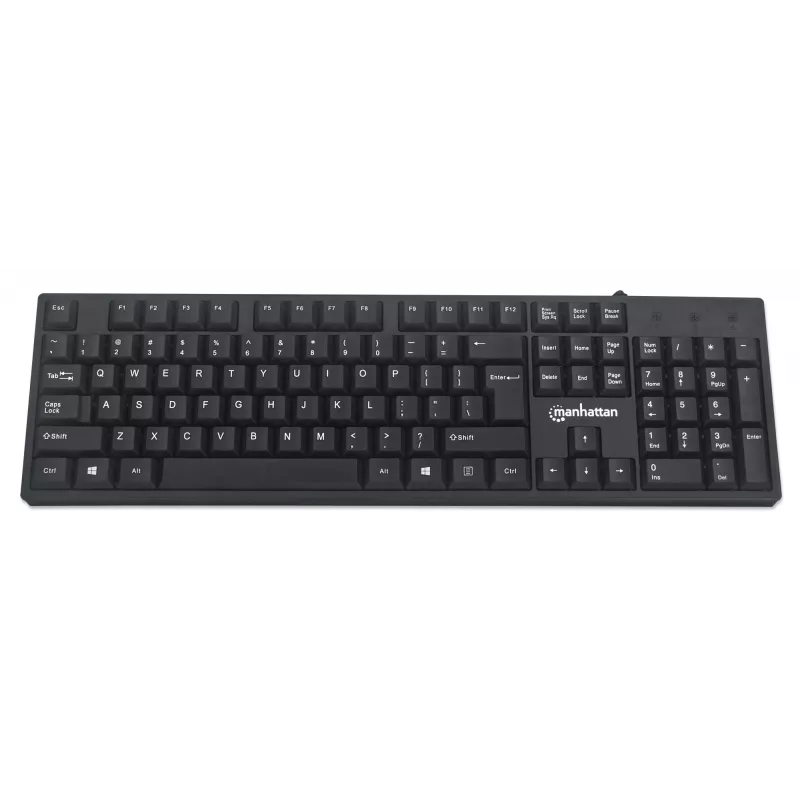 Manhattan tastatūra USB vadu, melna, pilna izmēra taustiņi, 1,5 m kabelis, USB-A savienojums, Plug and Play, trīs gadu garantija