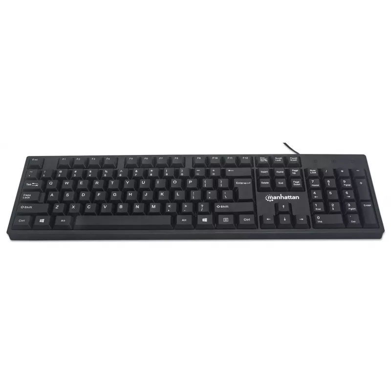 Manhattan tastatūra USB vadu, melna, pilna izmēra taustiņi, 1,5 m kabelis, USB-A savienojums, Plug and Play, trīs gadu garantija
